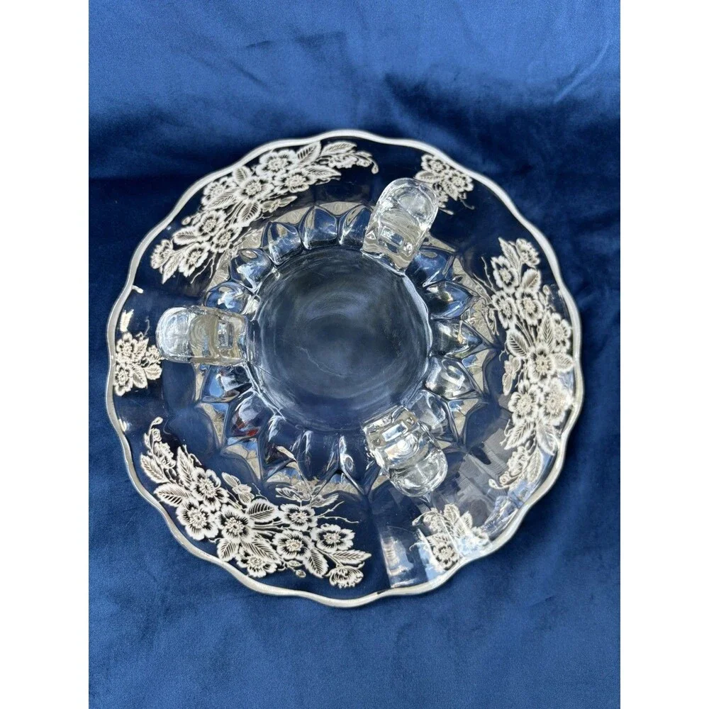 Vintage Floral Etched Glass Compote Bowl on Three Feet Decorative Centerpiece
